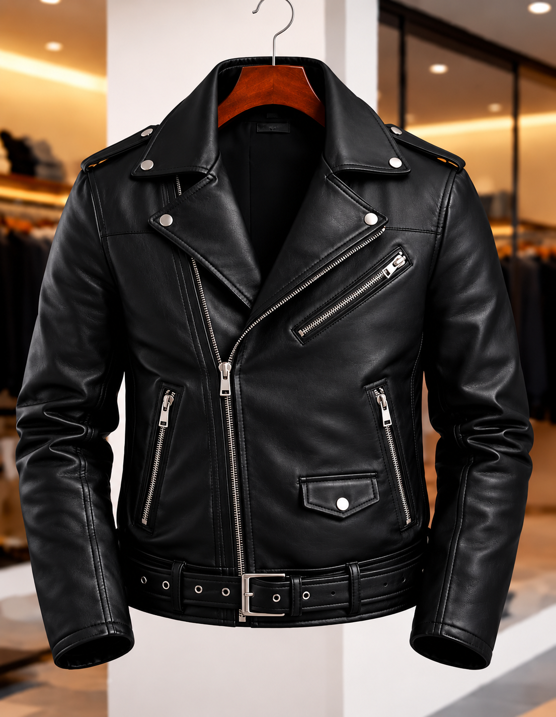 Premium Black Leather Biker Jacket for Men – Stylish Slim Fit Motorcycle Jacket with Zipper Details