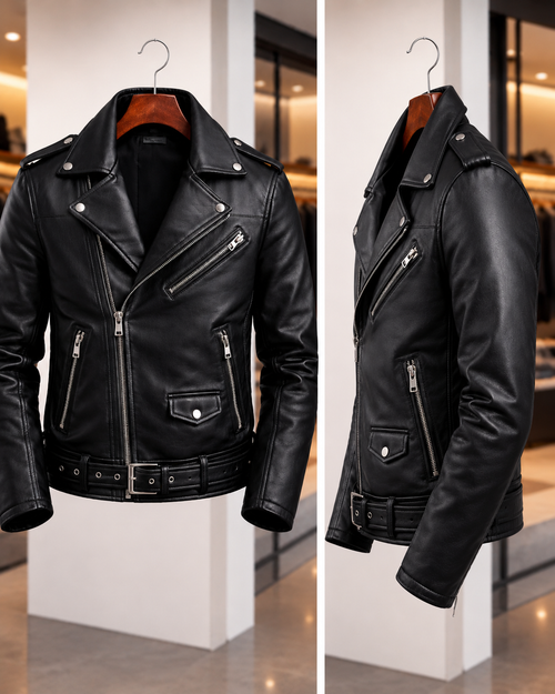 Premium Black Leather Biker Jacket for Men – Stylish Slim Fit Motorcycle Jacket with Zipper Details