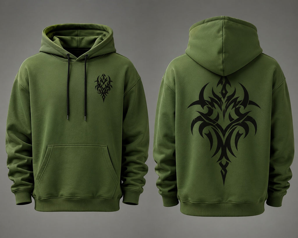 Green Tribal Tattoo Hoodie – Stylish Black Graphic Streetwear Hoodie