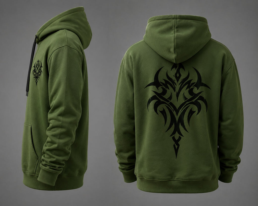 Green Tribal Tattoo Hoodie – Stylish Black Graphic Streetwear Hoodie